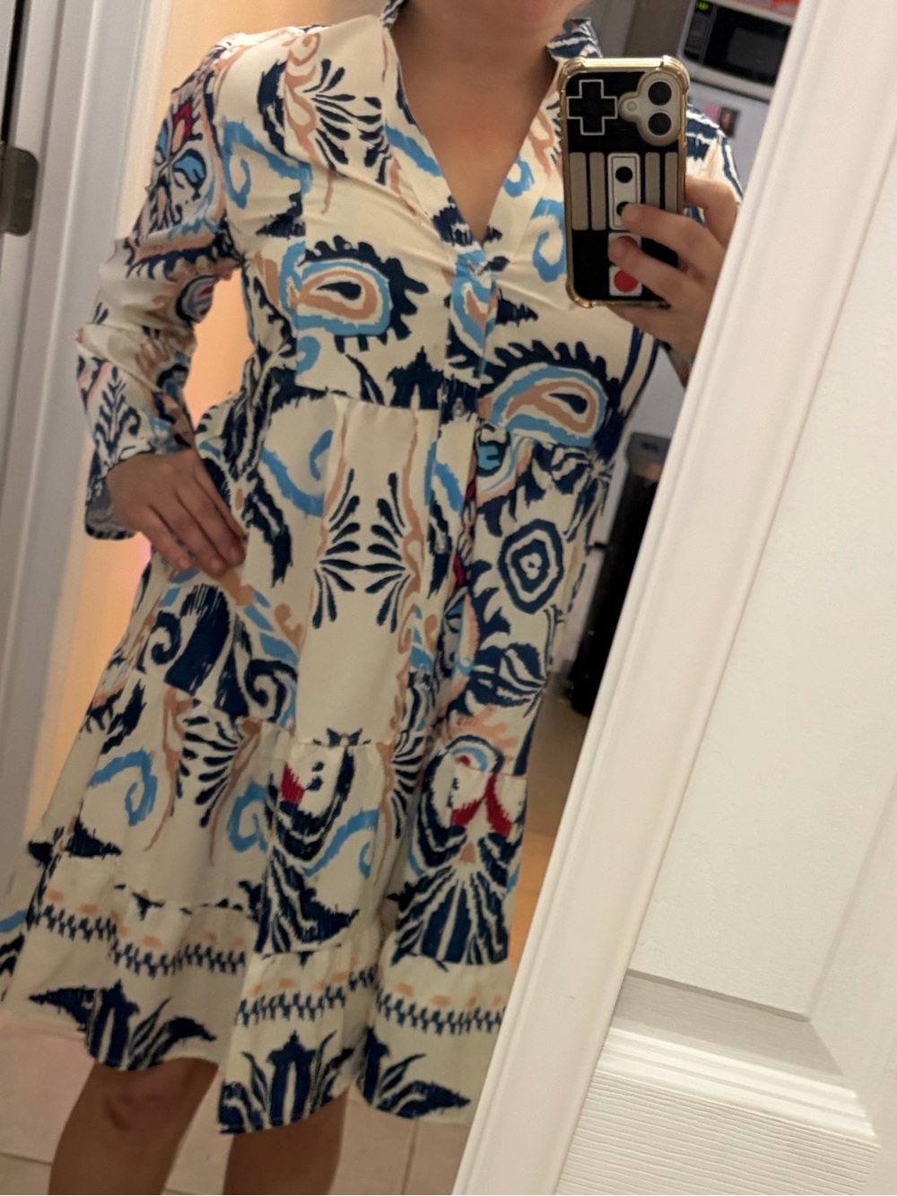 Printed Tiered V-Neck Dress in Cream and Blue